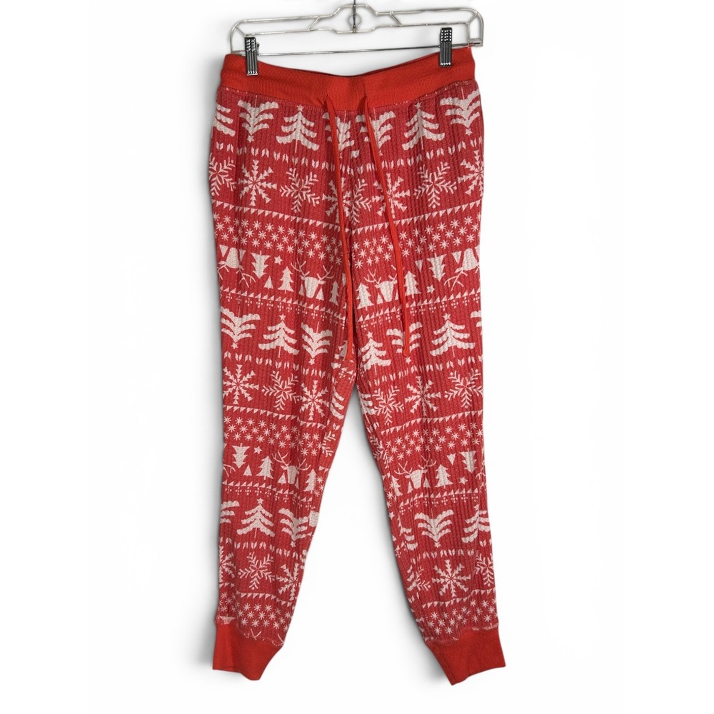 Joyspun Womens Orange Coral Fair Isle Waffle Knit Pajama Joggers S 4-6 Holiday